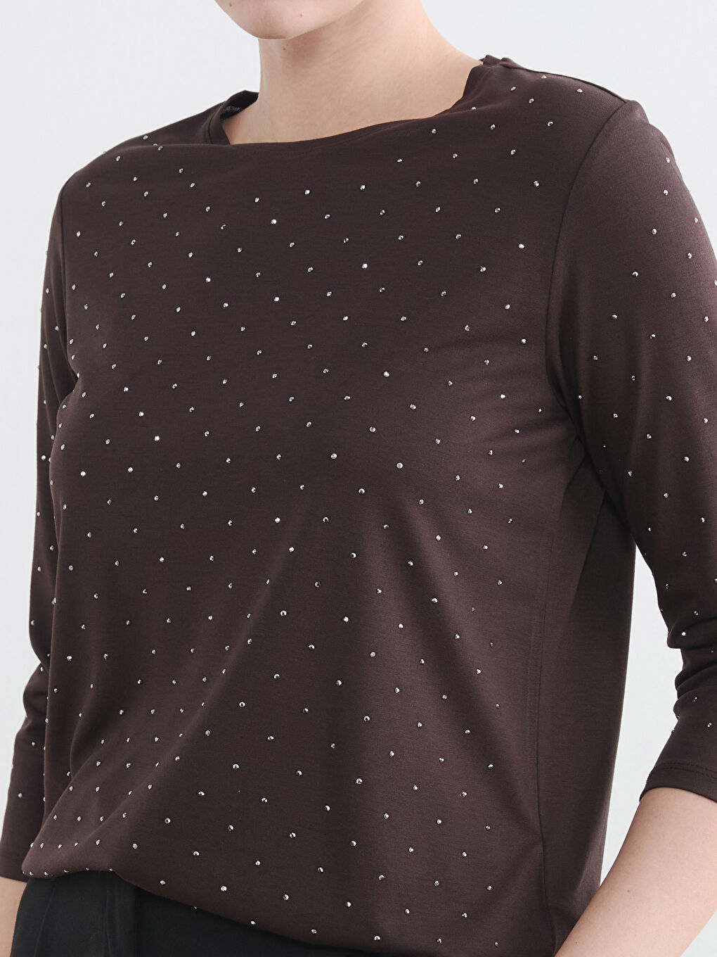 Kahverengi Bisiklet Yaka Taşlı Bluz-2