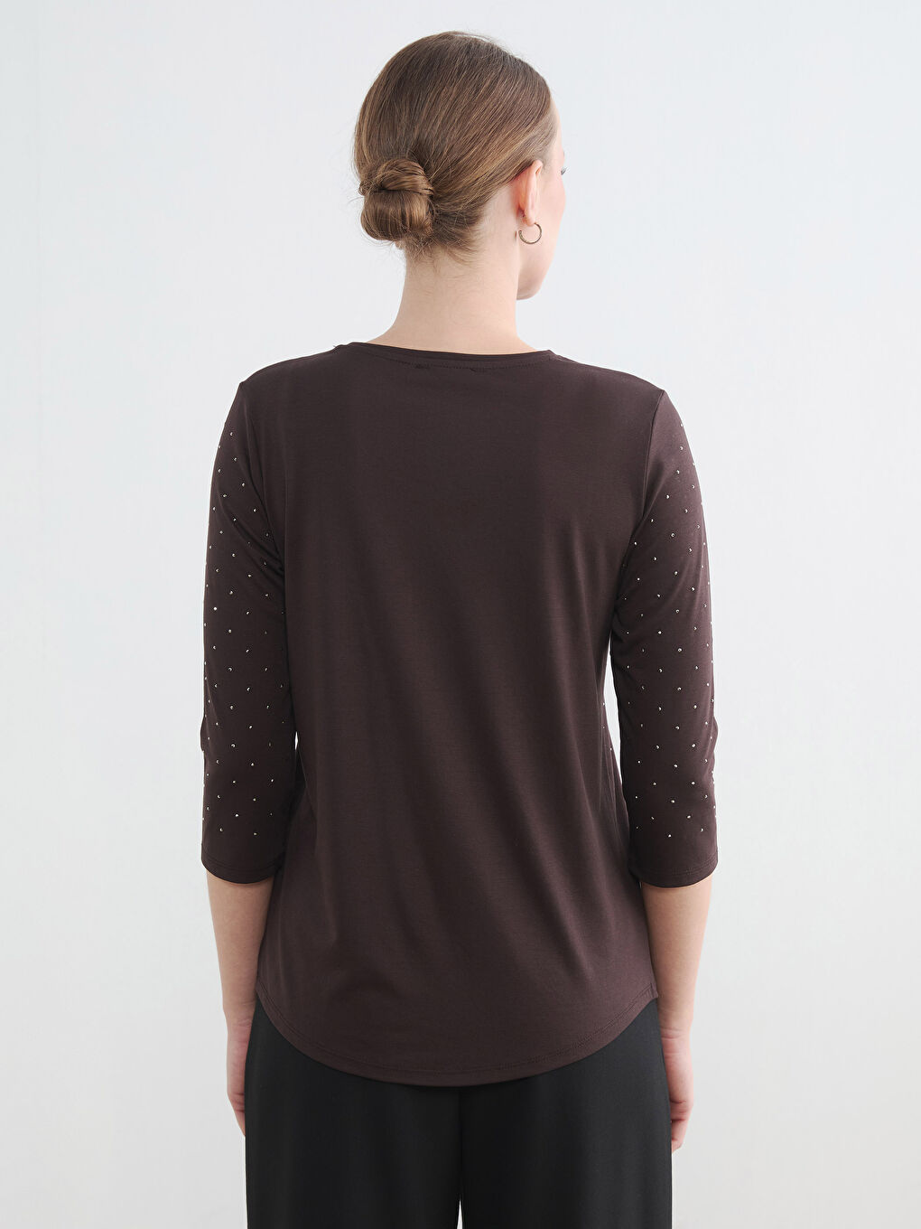 Kahverengi Bisiklet Yaka Taşlı Bluz-3