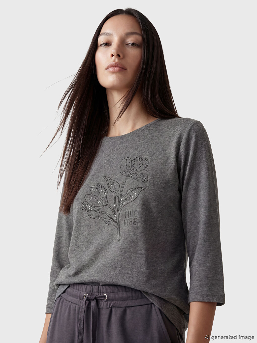 Antrasit Bisiklet Yaka Baskılı Bluz