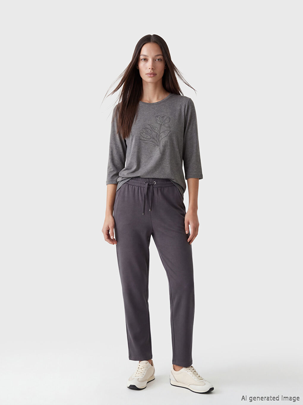 Antrasit Bisiklet Yaka Baskılı Bluz-1