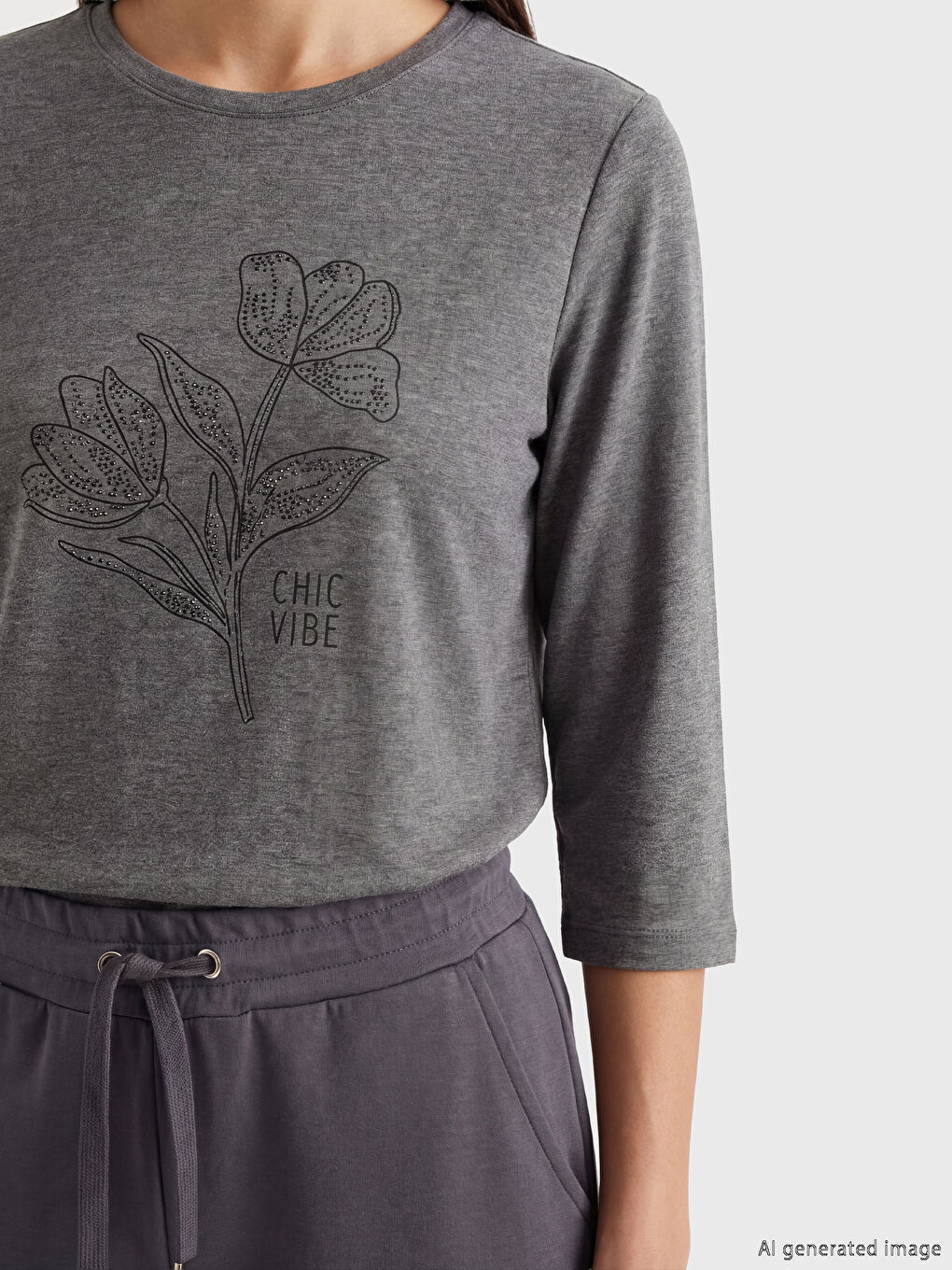 Antrasit Bisiklet Yaka Baskılı Bluz-2