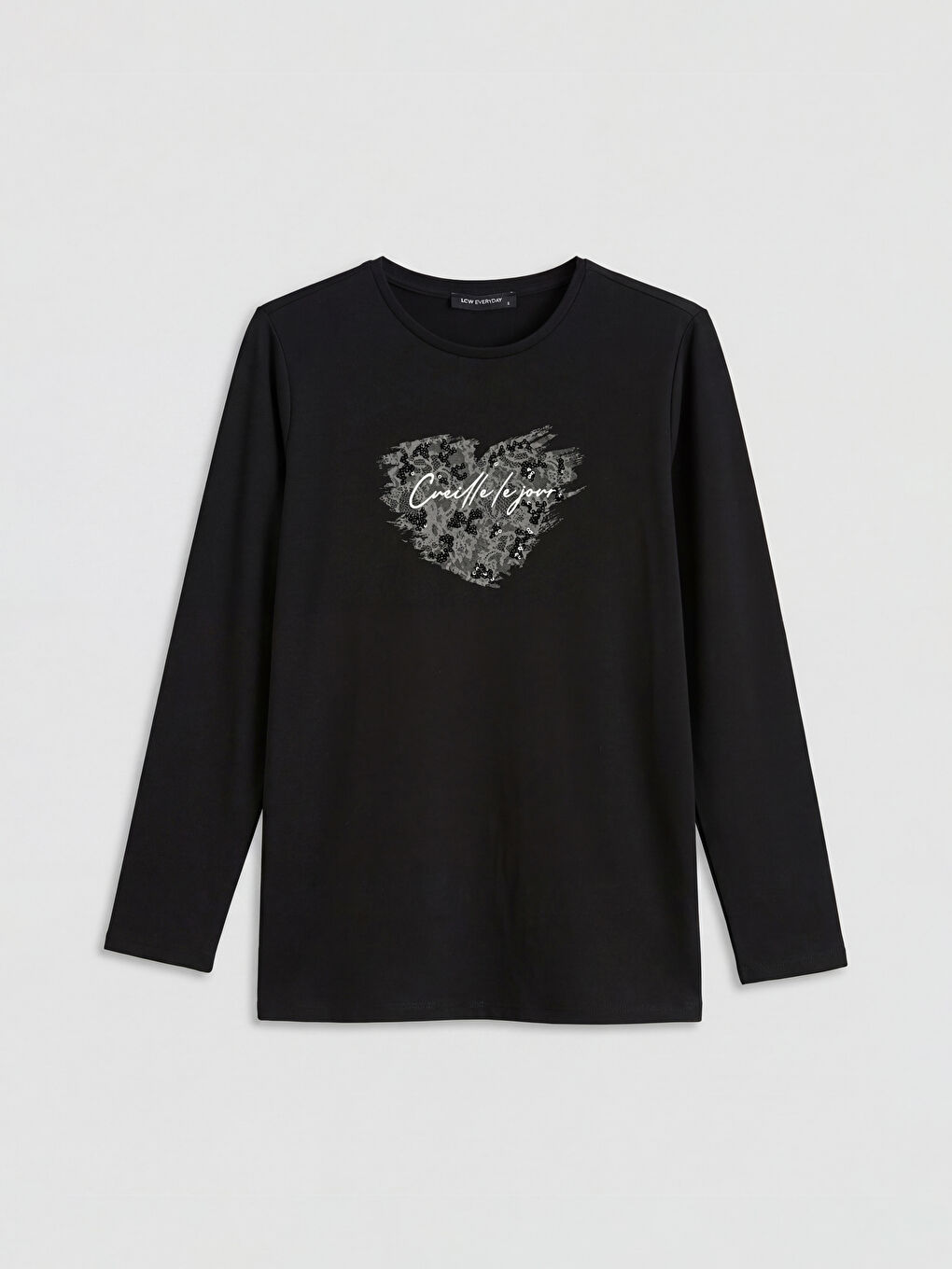 Siyah Bisiklet Yaka Baskılı Kadın Tişört-4