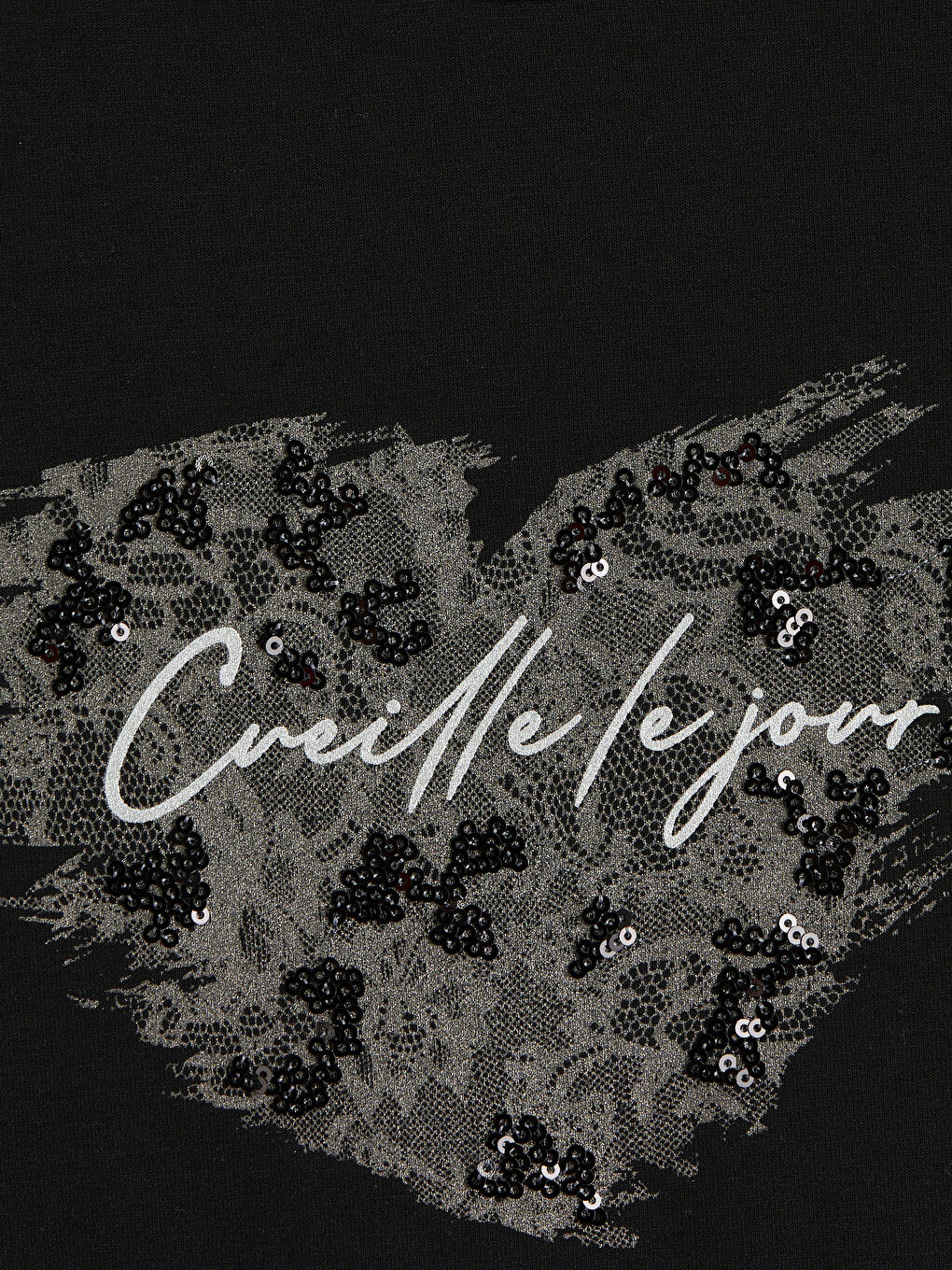 Siyah Bisiklet Yaka Baskılı Kadın Tişört-5