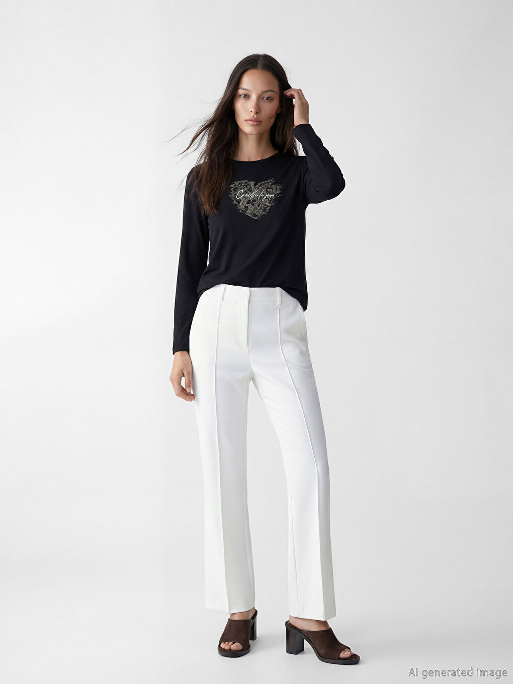 Siyah Bisiklet Yaka Baskılı Kadın Tişört-1