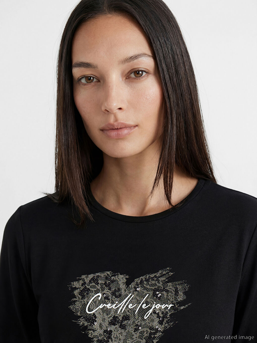 Siyah Bisiklet Yaka Baskılı Kadın Tişört-2