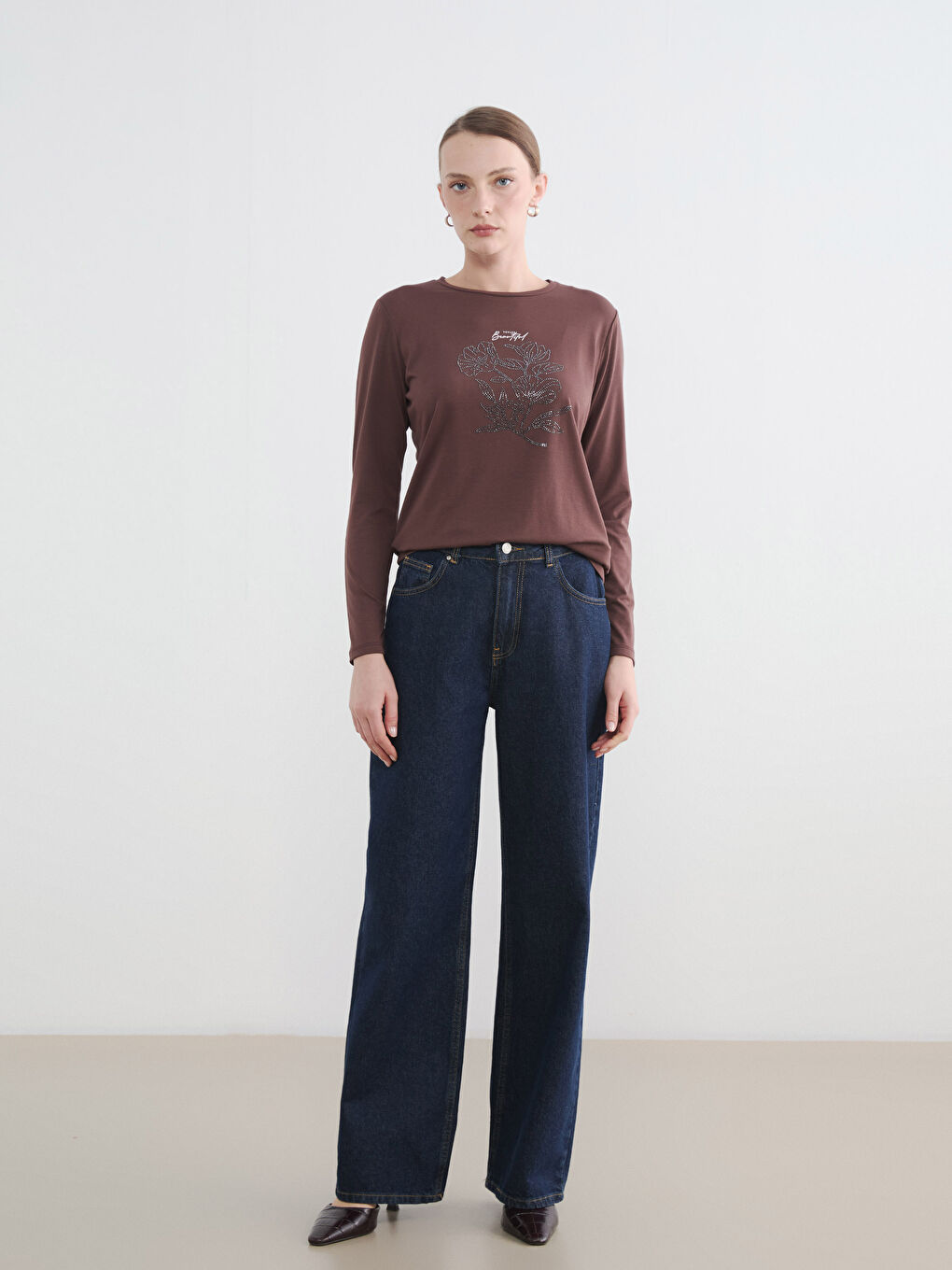 Kahverengi Bisiklet Yaka Taşlı Kadın Body-1