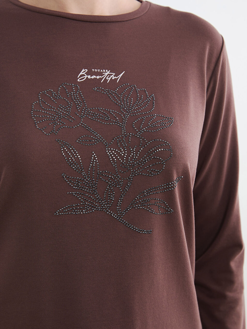 Kahverengi Bisiklet Yaka Taşlı Kadın Body-2