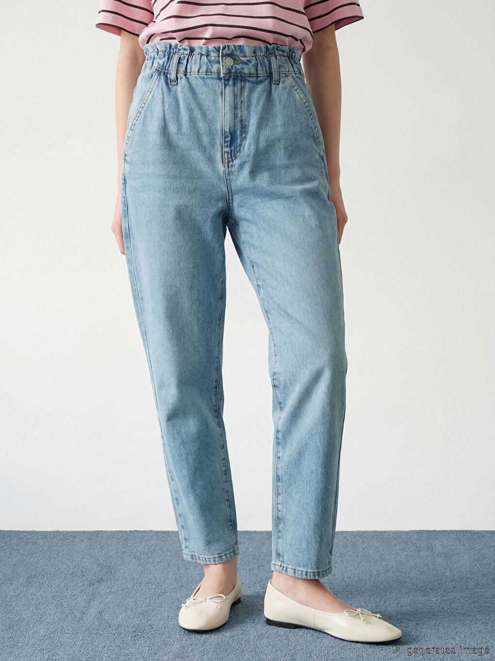İndigo Beli Lastikli Slouchy Fit Kadın Jean Pantolon-3