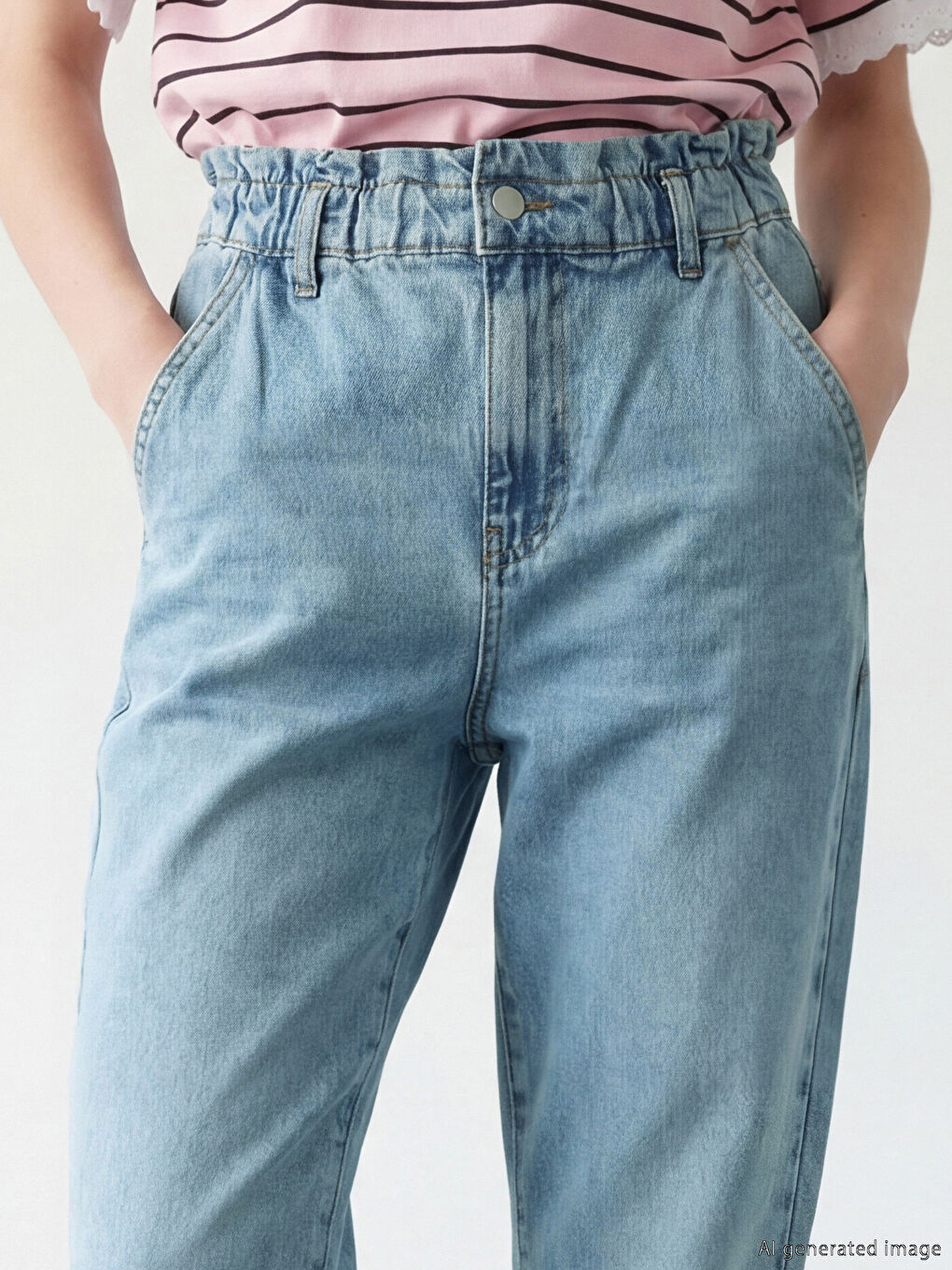 İndigo Beli Lastikli Slouchy Fit Kadın Jean Pantolon-5