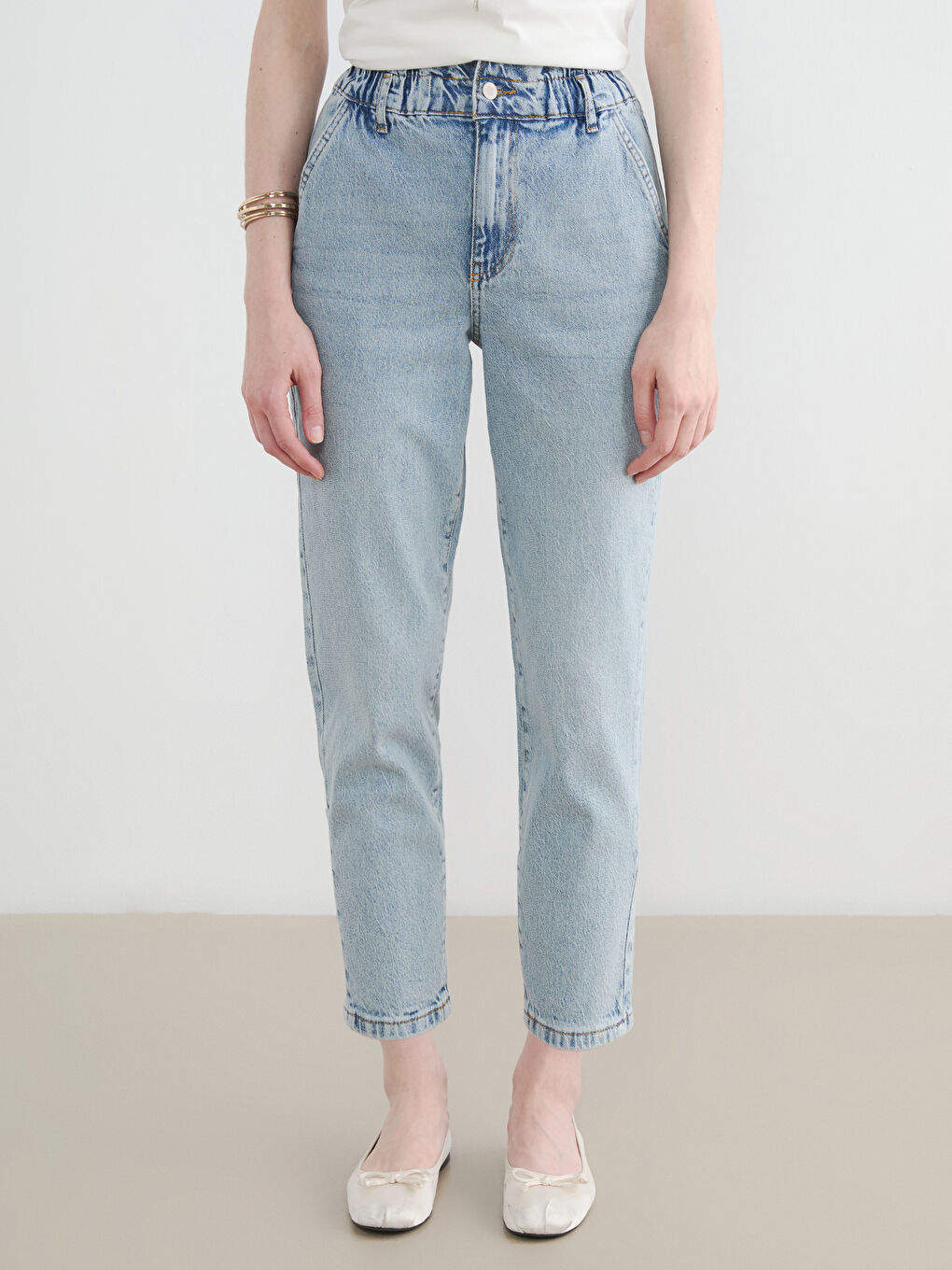 İndigo Beli Lastikli Slouchy Fit Kadın Jean Pantolon-2