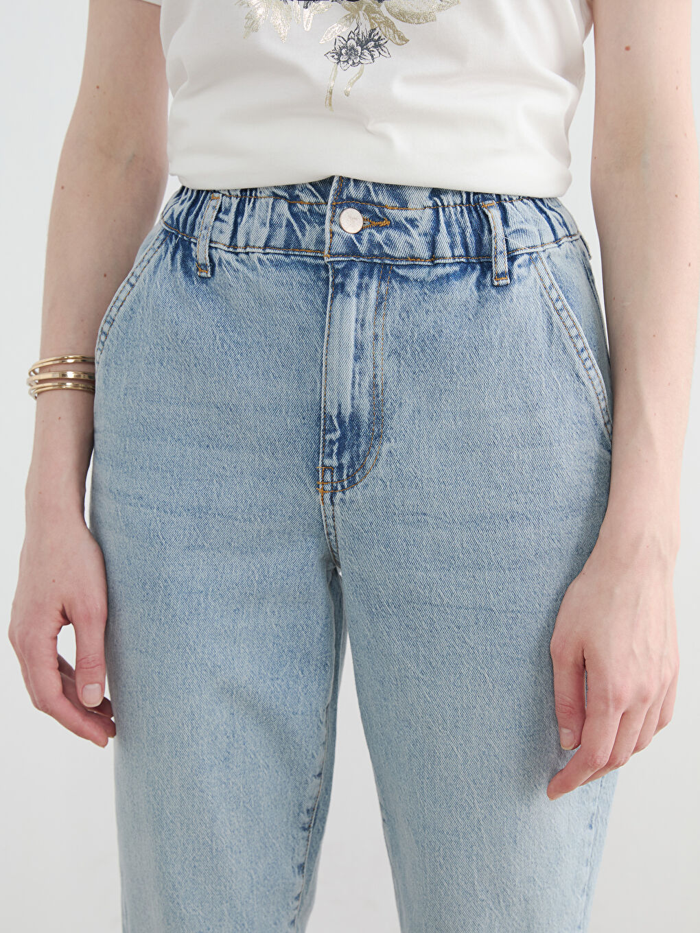 İndigo Beli Lastikli Slouchy Fit Kadın Jean Pantolon-4