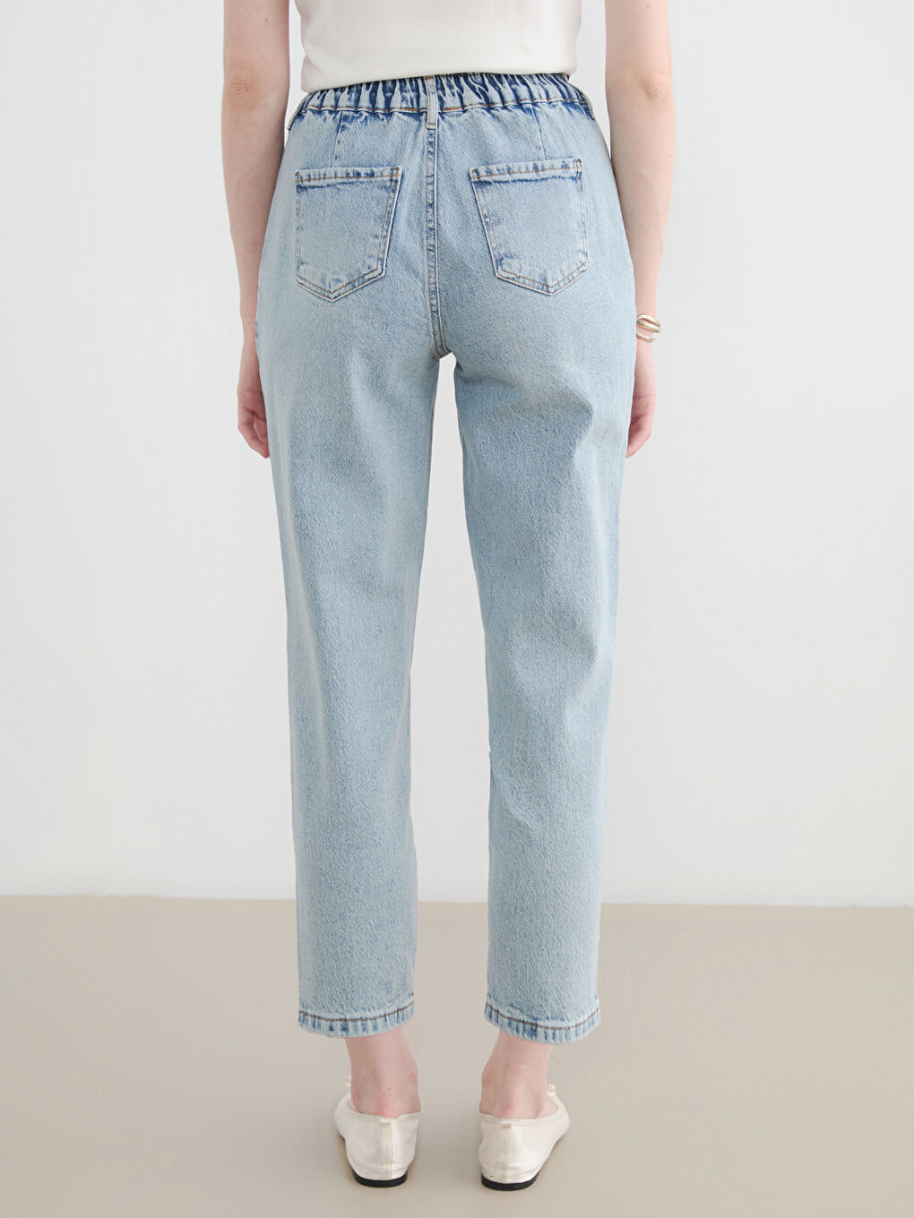 İndigo Beli Lastikli Slouchy Fit Kadın Jean Pantolon-6