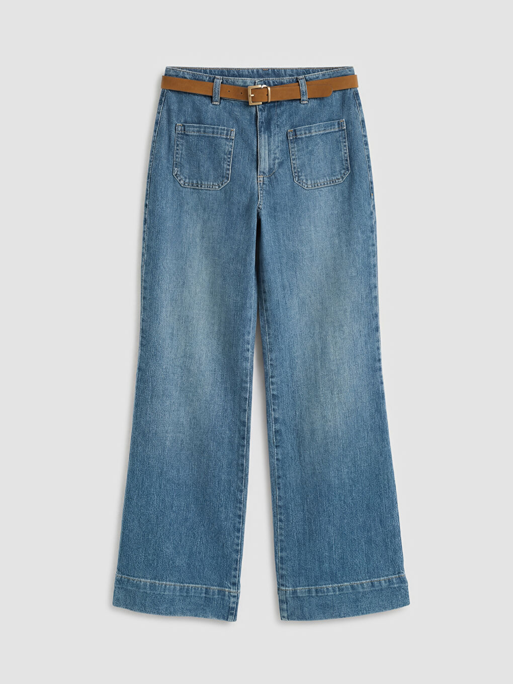 İndigo Beli Kemerli Wideleg Kadın Jean Pantolon