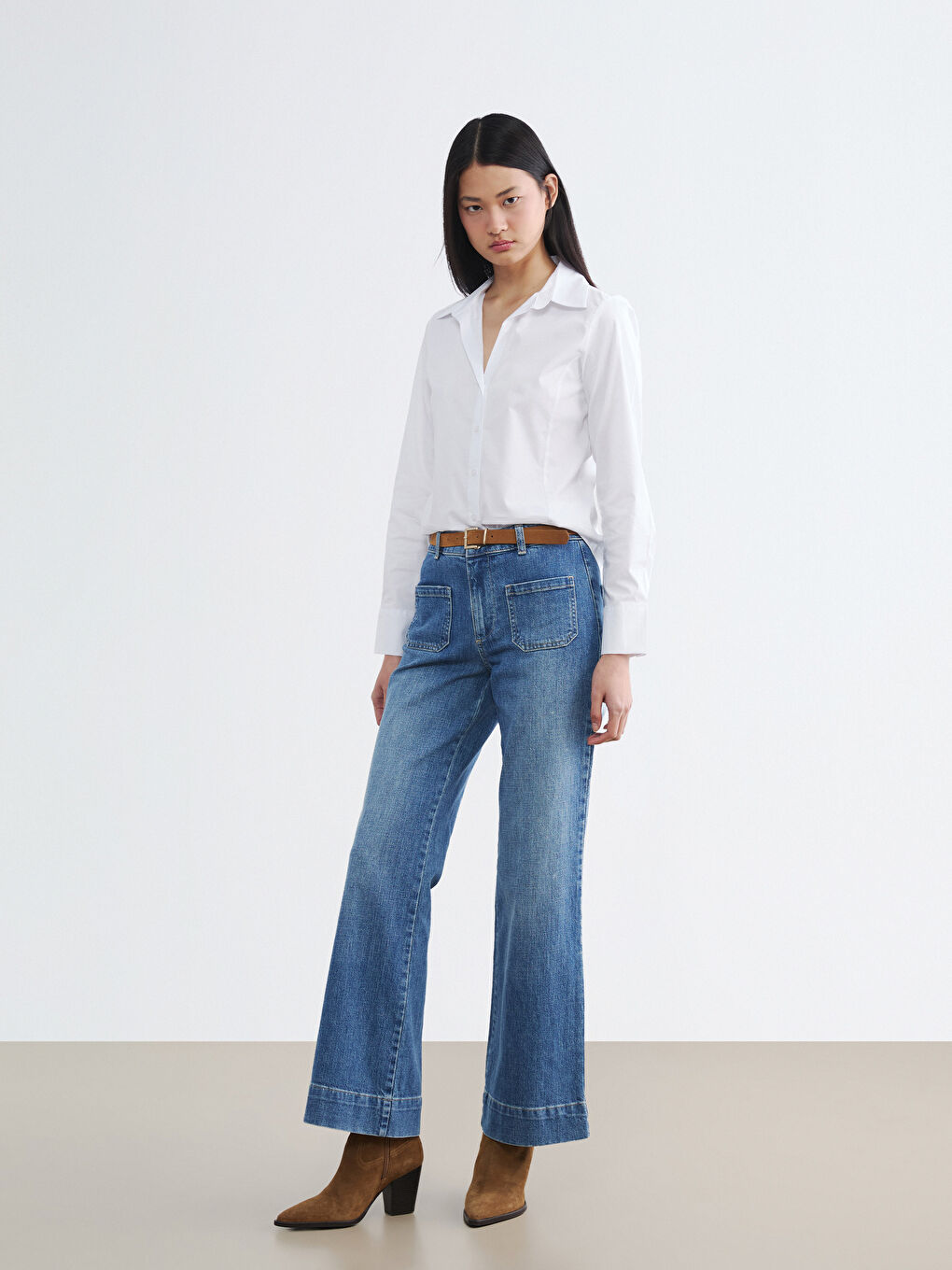 Belted High Waisted Wide Leg Women's Jeans
