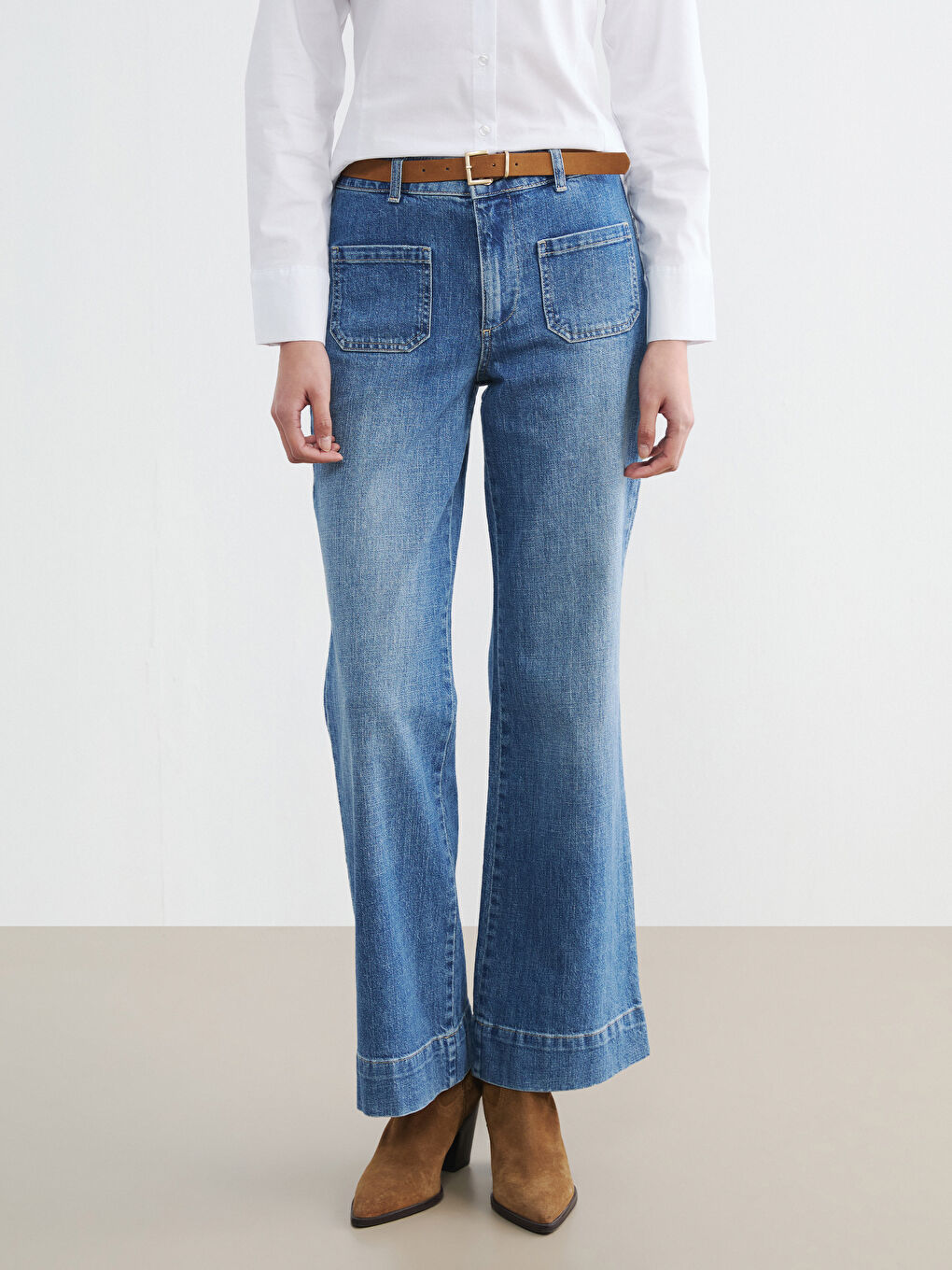 Belted High Waisted Wide Leg Women's Jeans-1