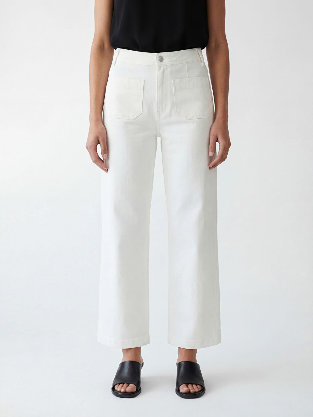 Beyaz Yüksek Bel Wideleg Kadın Jean Pantolon-1