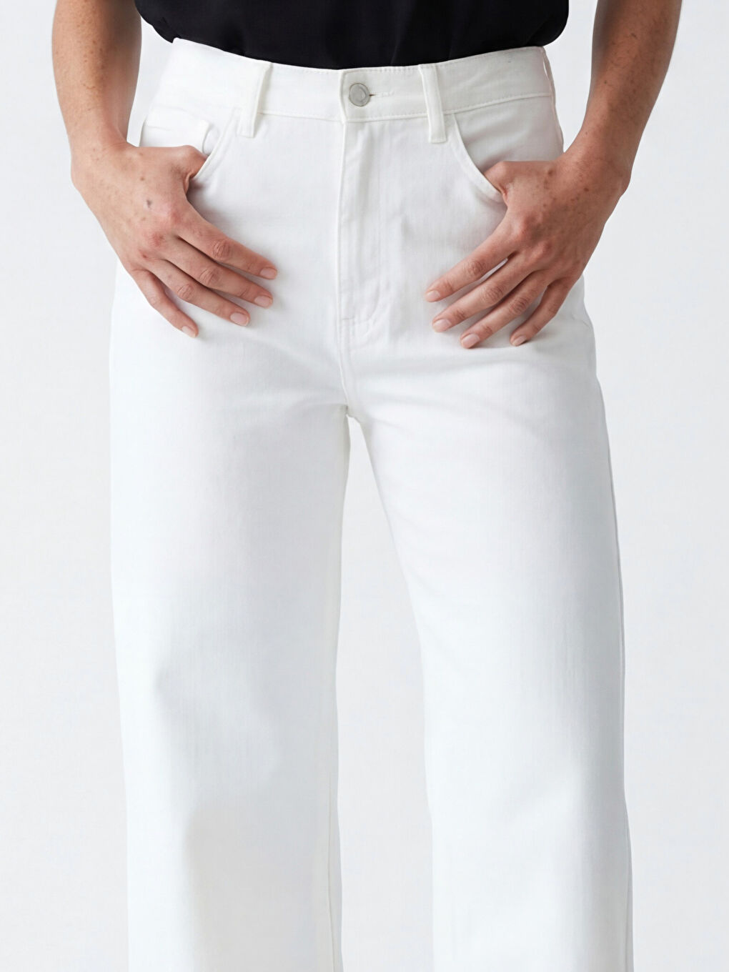 Beyaz Yüksek Bel Wideleg Kadın Jean Pantolon-2