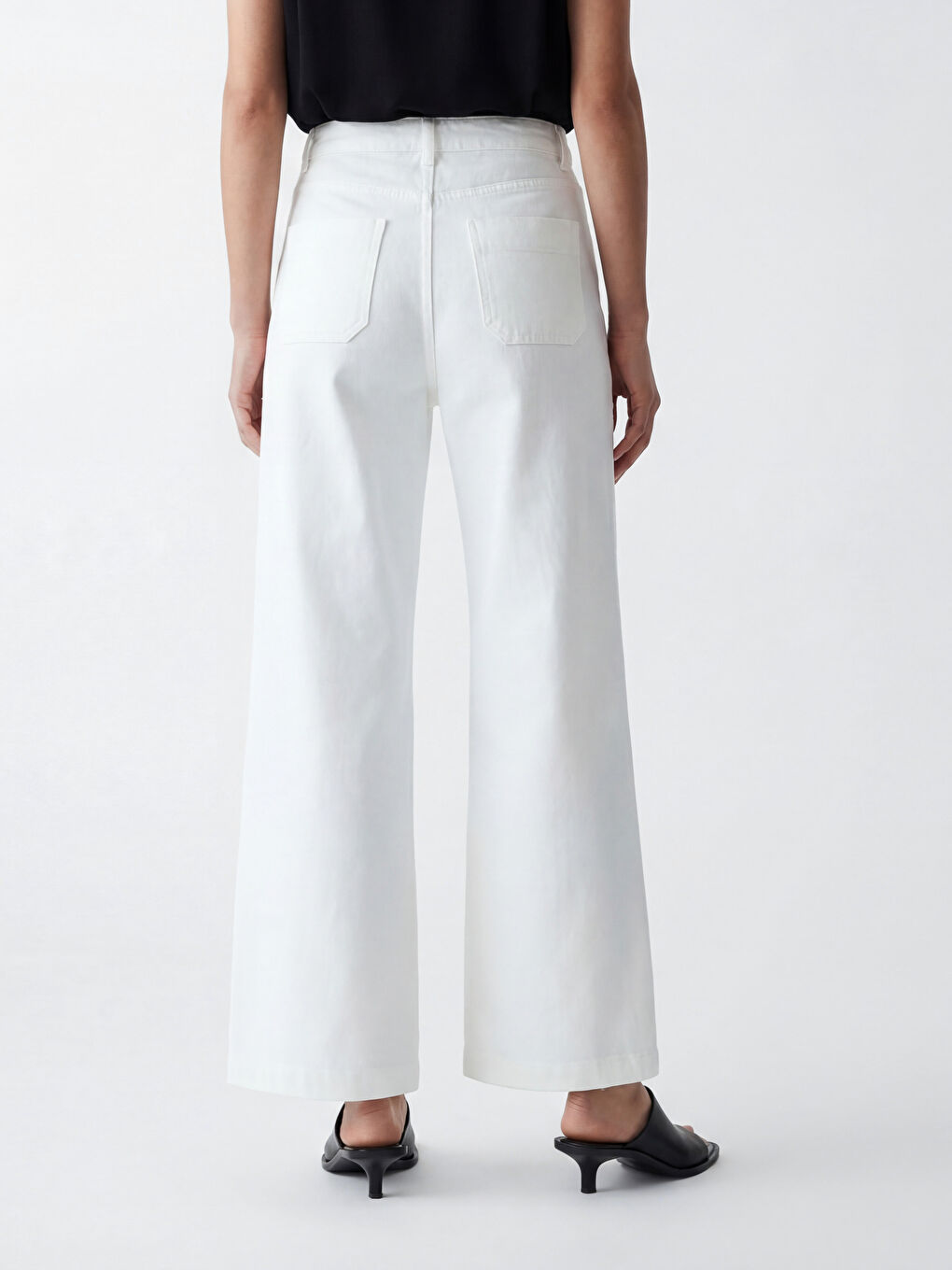 Beyaz Yüksek Bel Wideleg Kadın Jean Pantolon-3