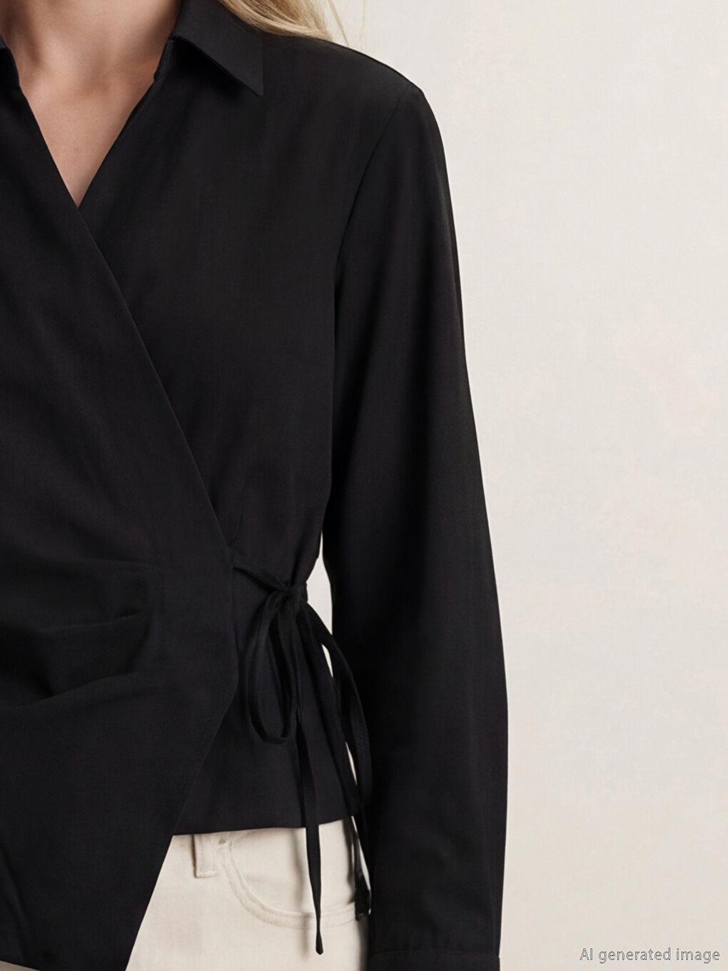 Siyah Kruvaze Yaka Kadın Gömlek-2