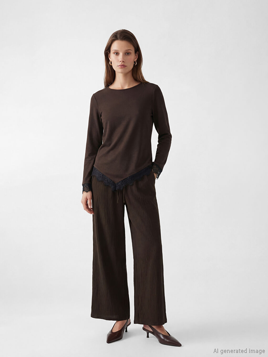 Kahverengi Beli Lastikli Dokulu Kadın Pantolon