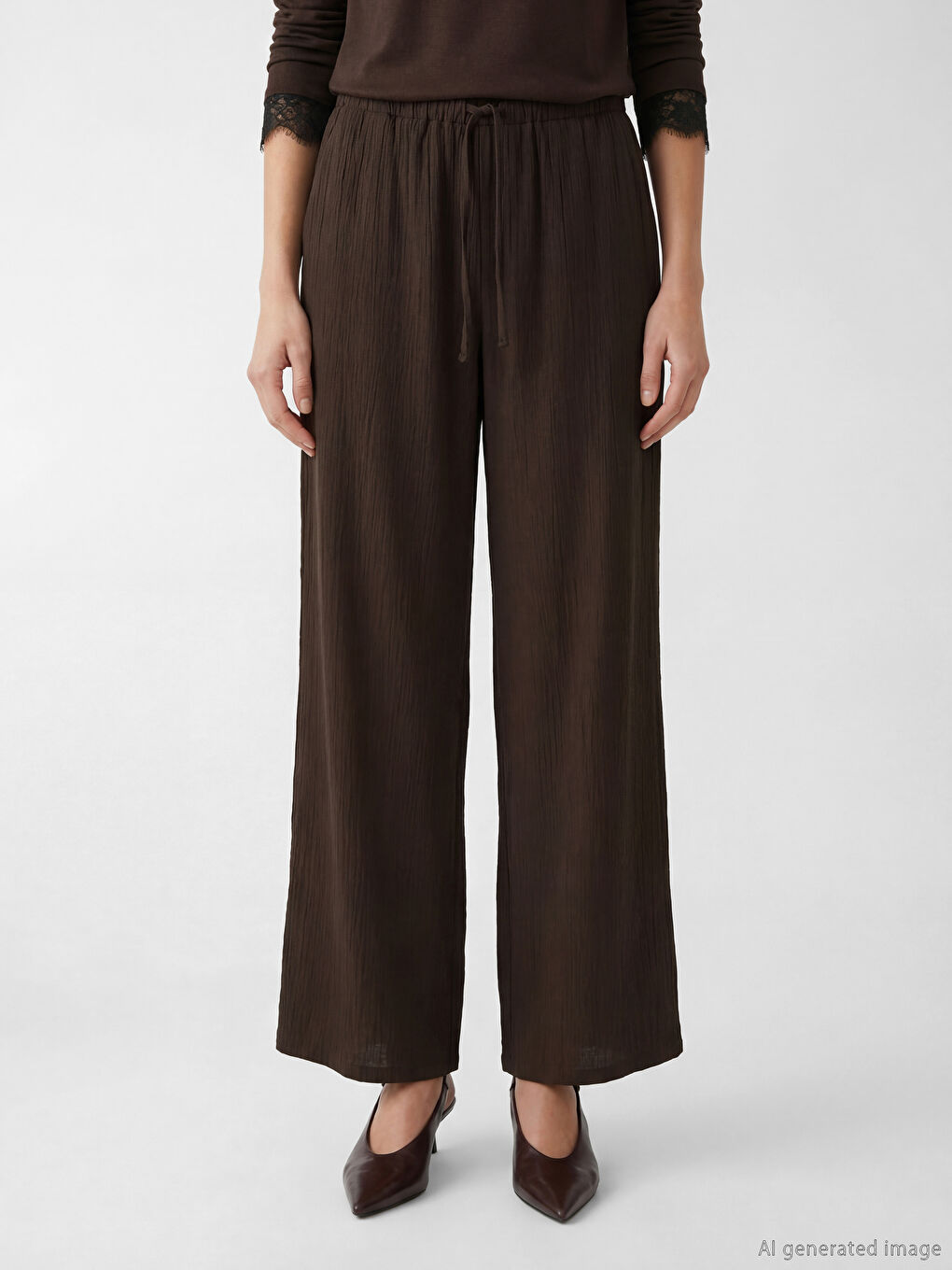 Kahverengi Beli Lastikli Dokulu Kadın Pantolon-1