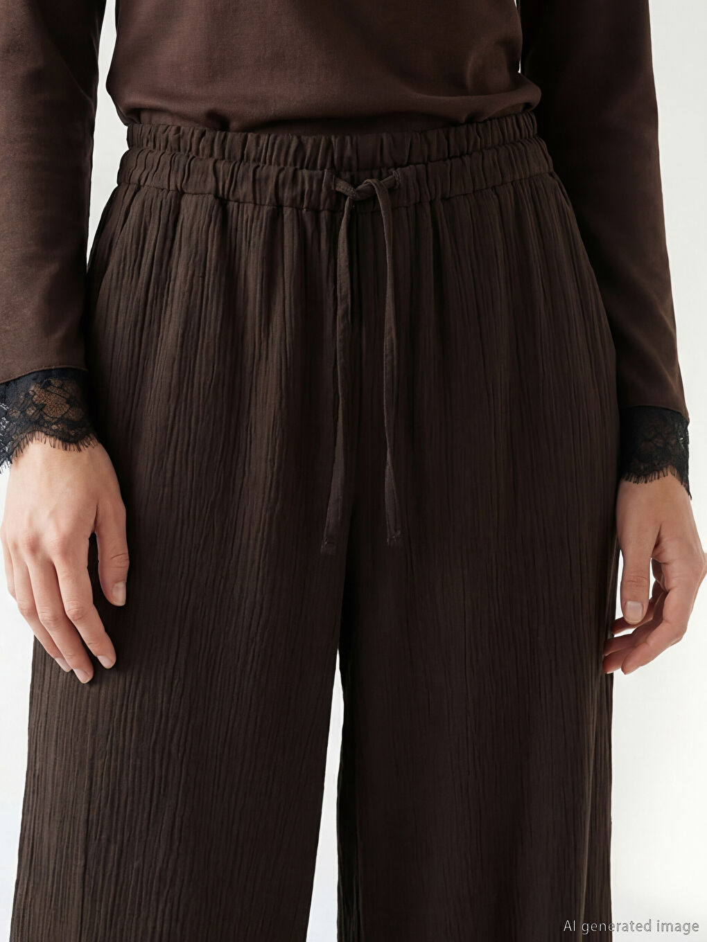 Kahverengi Beli Lastikli Dokulu Kadın Pantolon-2