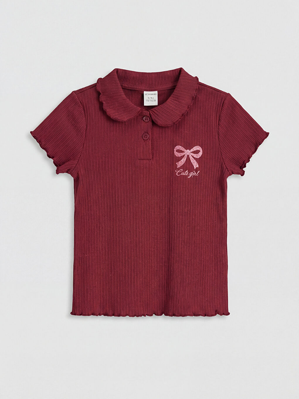 Bordo Bebe Yaka Baskılı Kız Bebek Tişört	