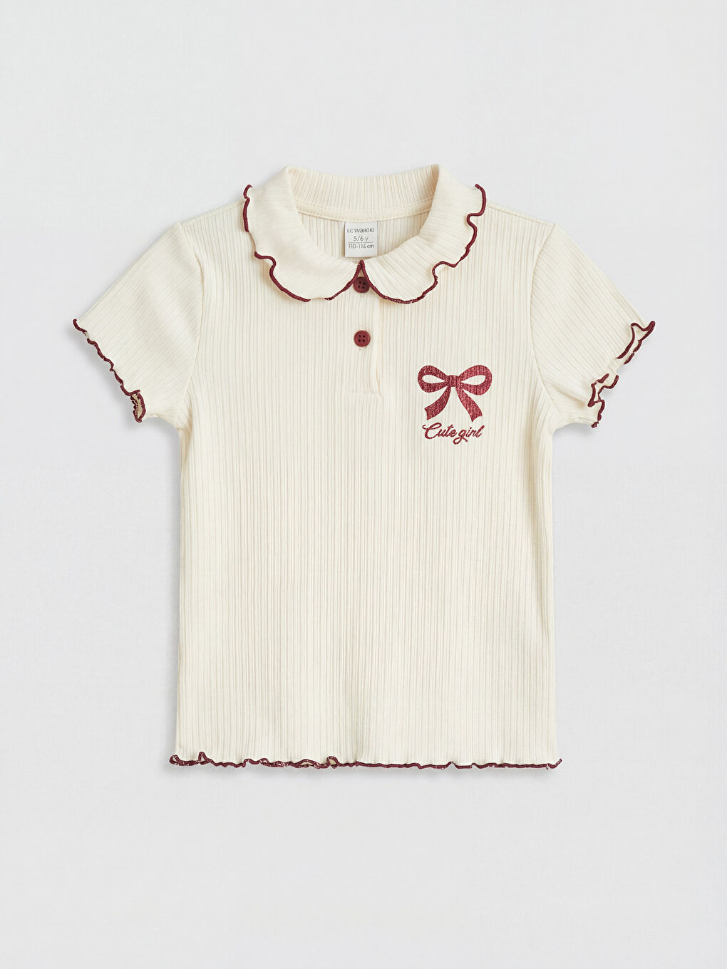 Ekru Bebe Yaka Baskılı Kız Bebek Tişört
