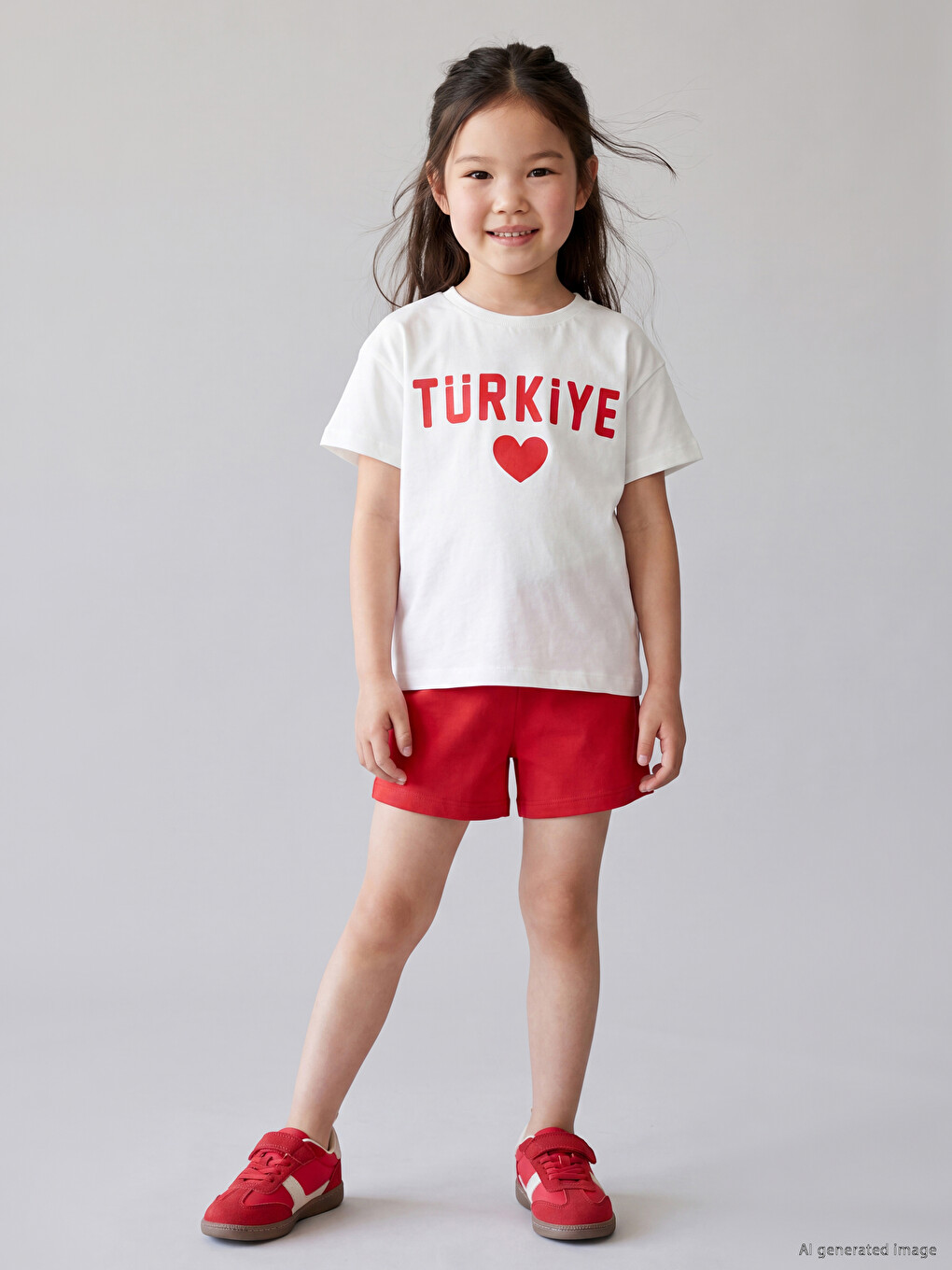 Kırmızı Beli Lastikli Kız Çocuk Şort