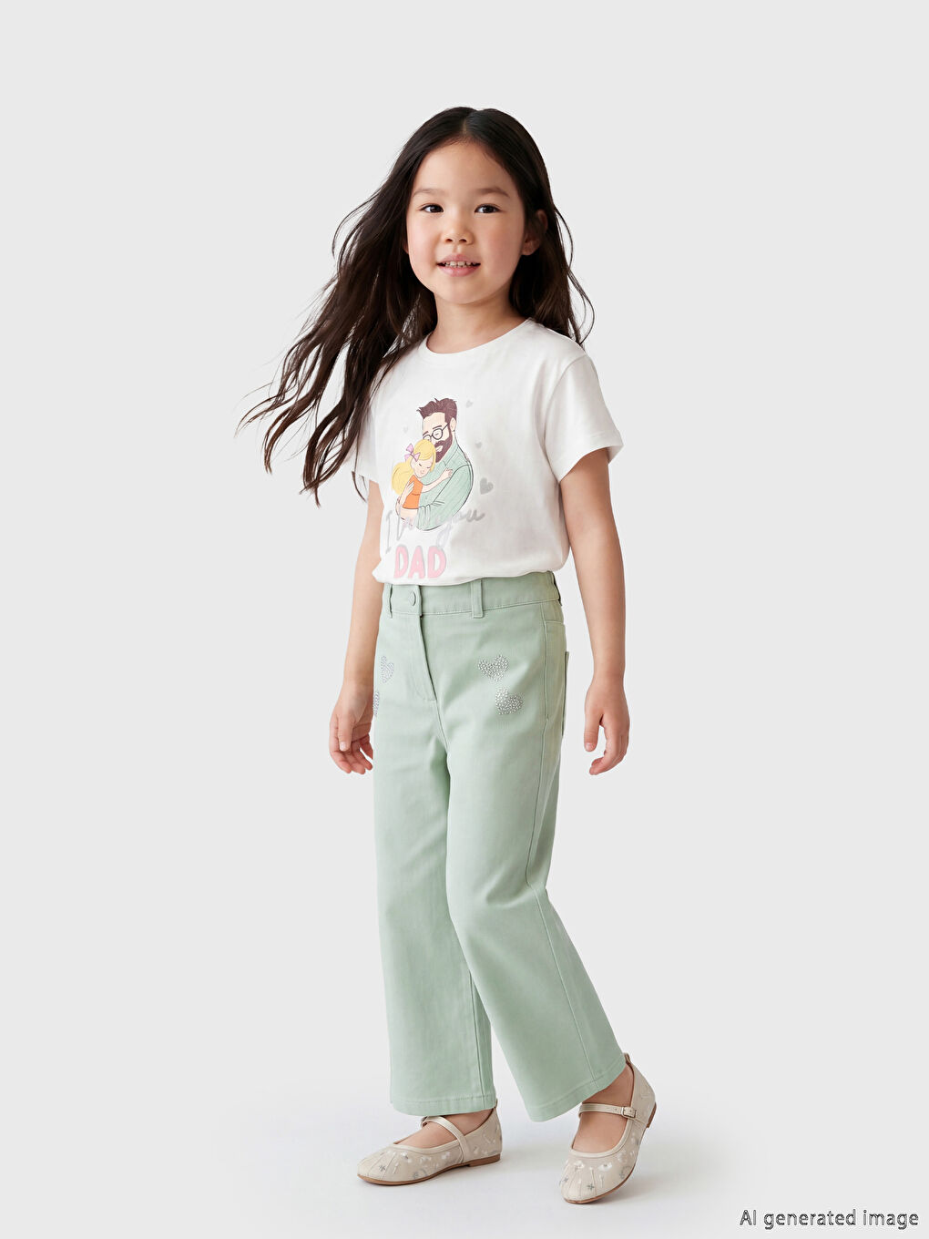 Yeşil Wideleg Taşlı Kız Çocuk Gabardin Pantolon