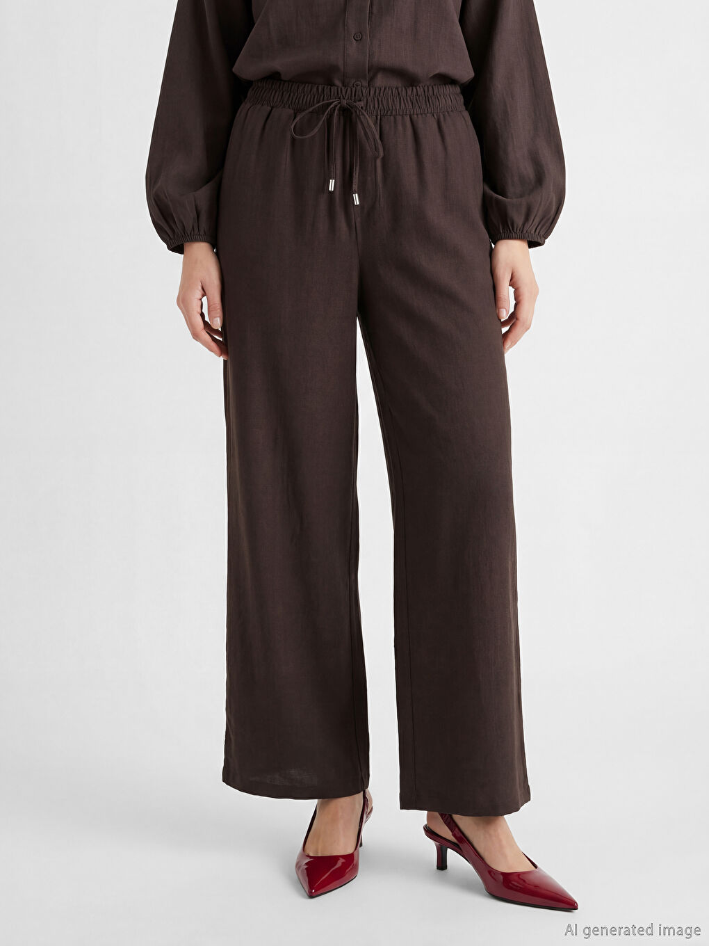 Kahverengi Beli Lastikli Geniş Paça Kadın Pantolon-1