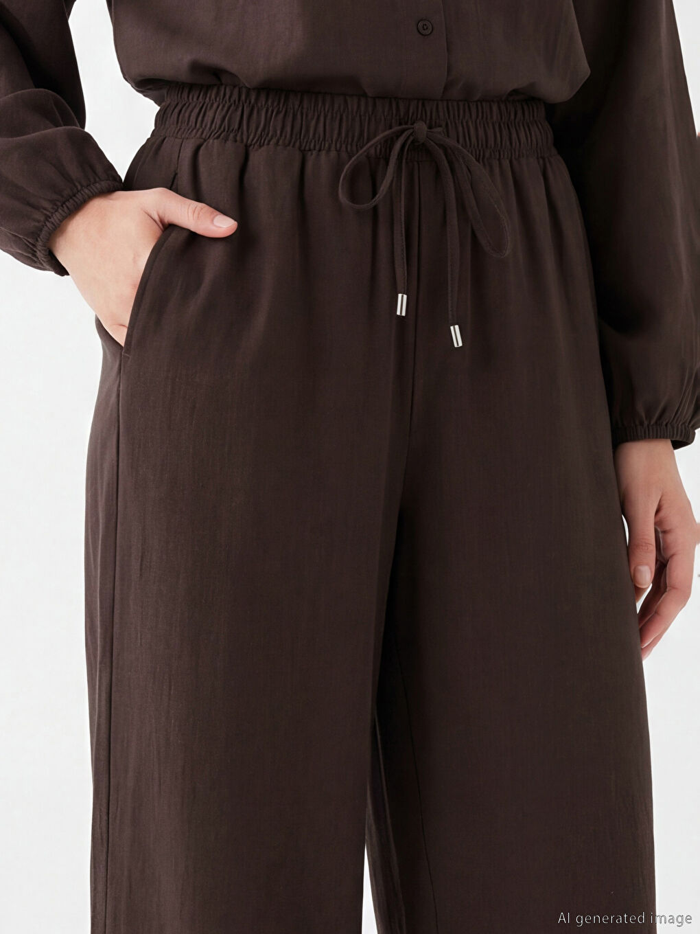 Kahverengi Beli Lastikli Geniş Paça Kadın Pantolon-2