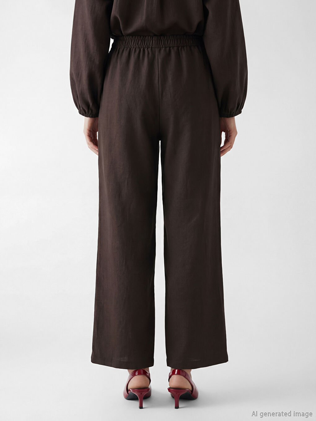 Kahverengi Beli Lastikli Geniş Paça Kadın Pantolon-3