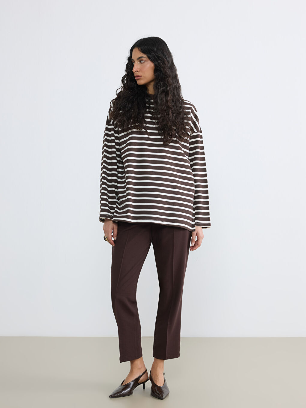 Kahverengi Beli Lastikli Loose Fit Kadın Pantolon