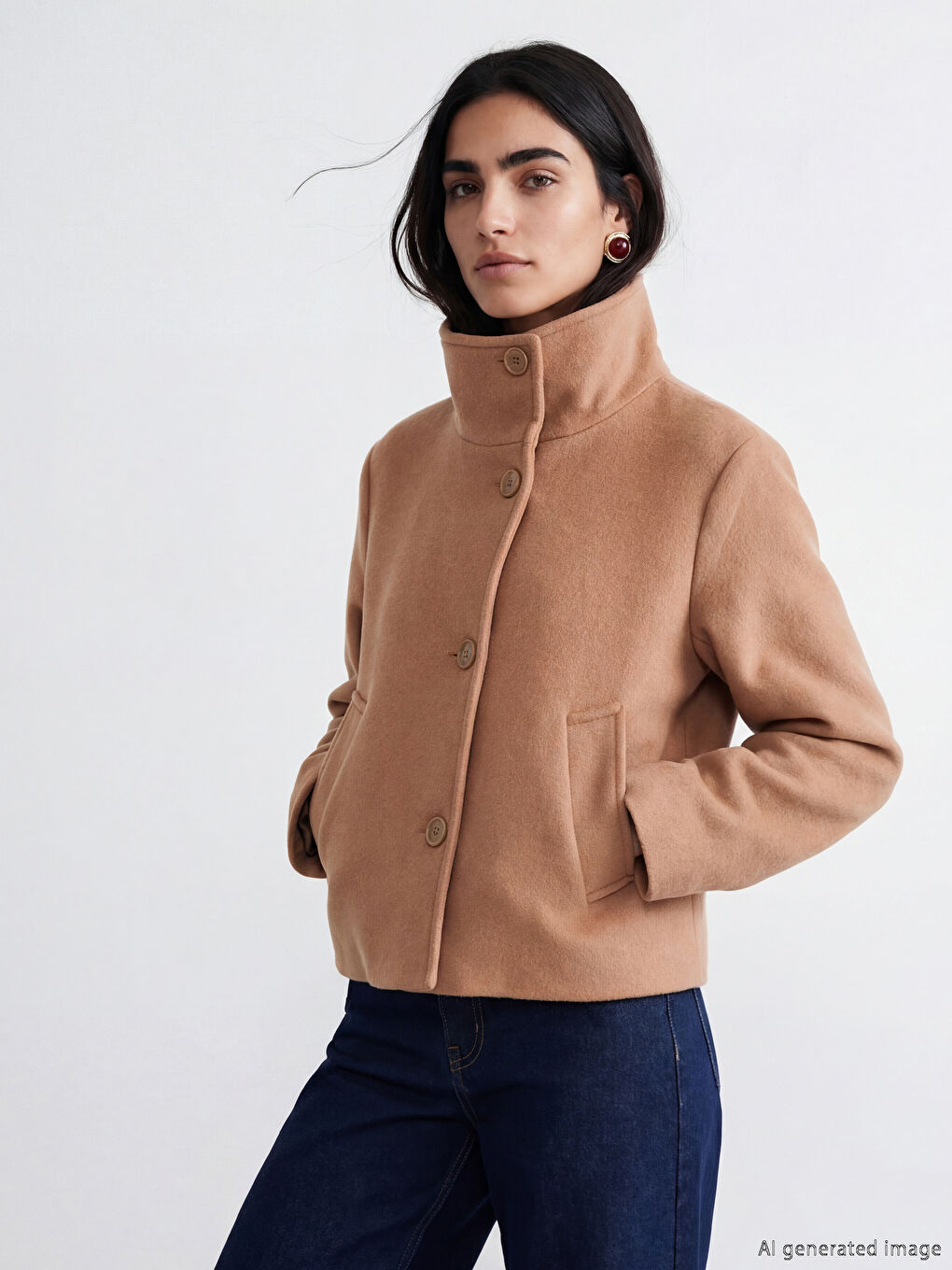 Bej Dik Yaka Kadın Kaşe Mont