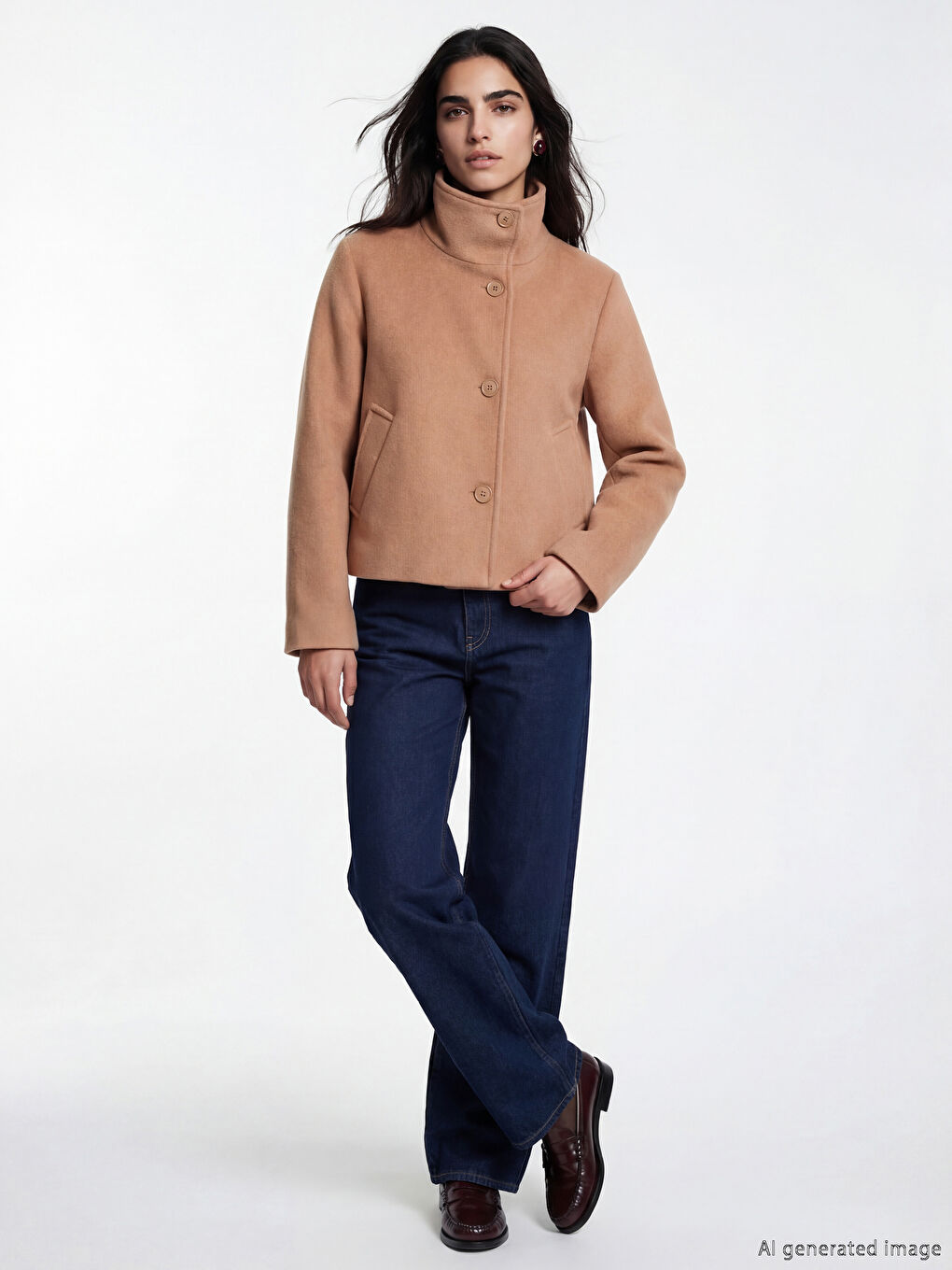 Bej Dik Yaka Kadın Kaşe Mont-1