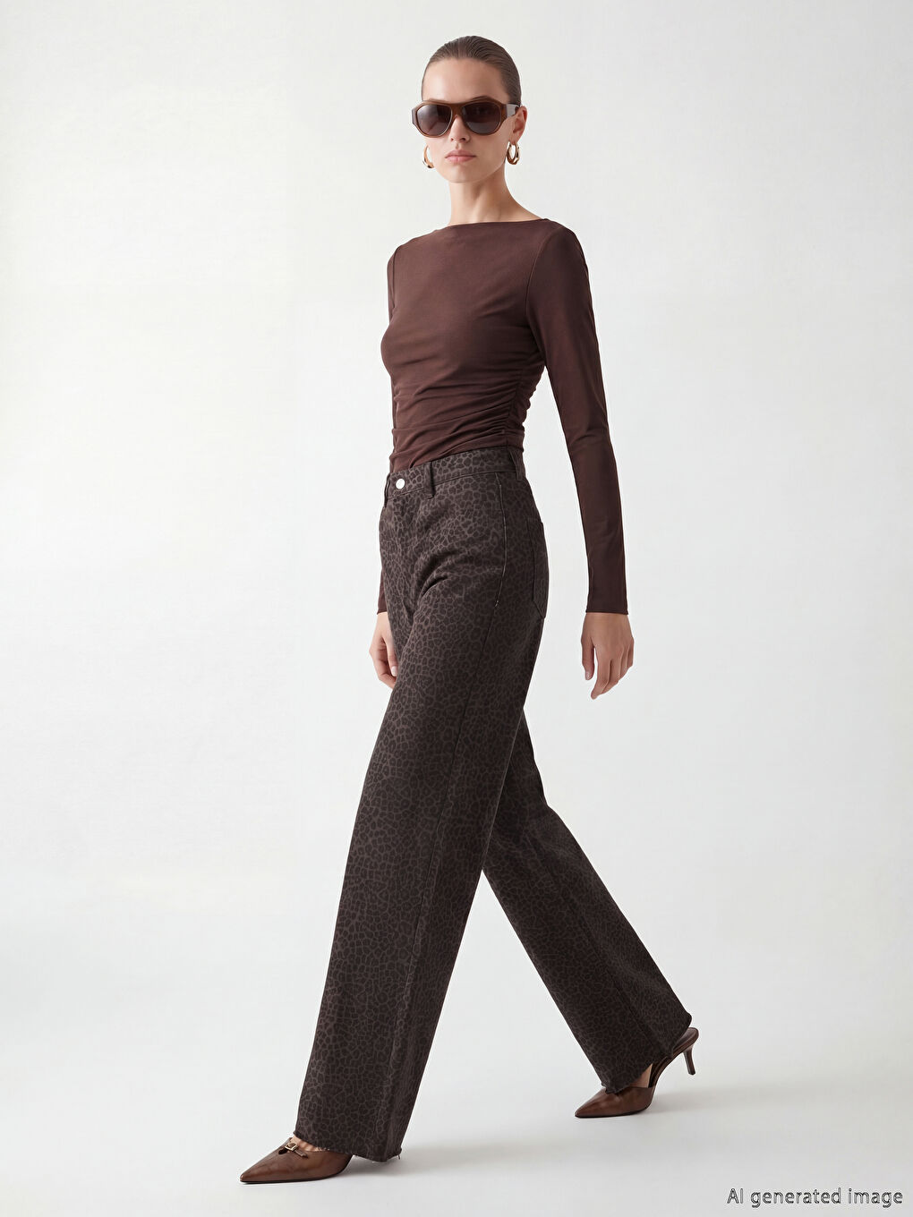 Kahverengi Wideleg Leopar Desenli Kadın Jean Pantolon