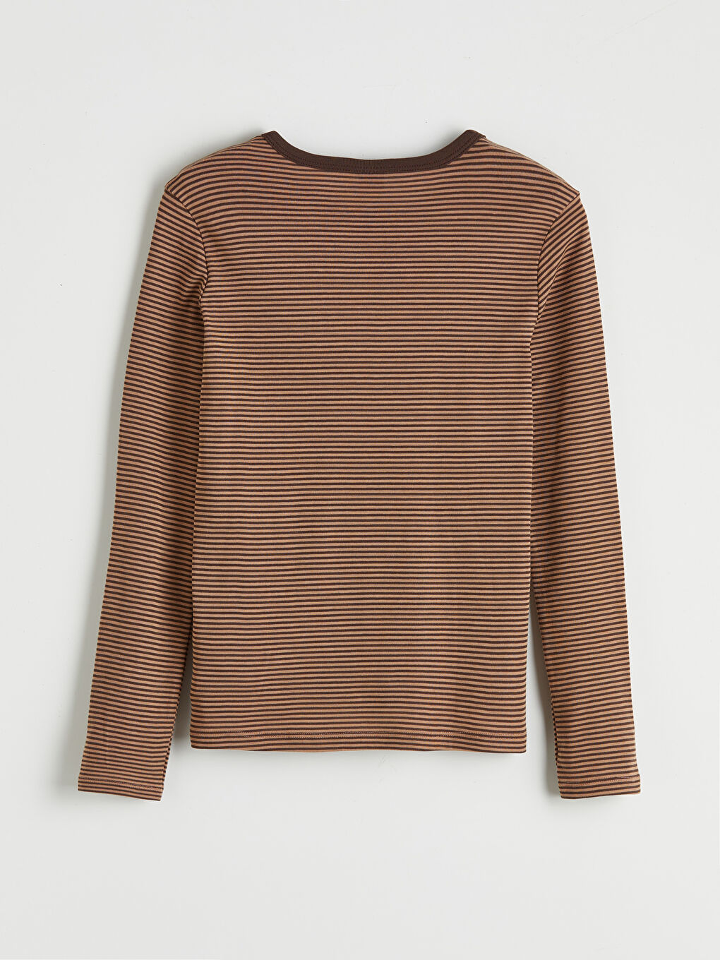 Kahverengi Bisiklet Yaka Uzun Kollu Çizgili Kız Çocuk Tişört-1