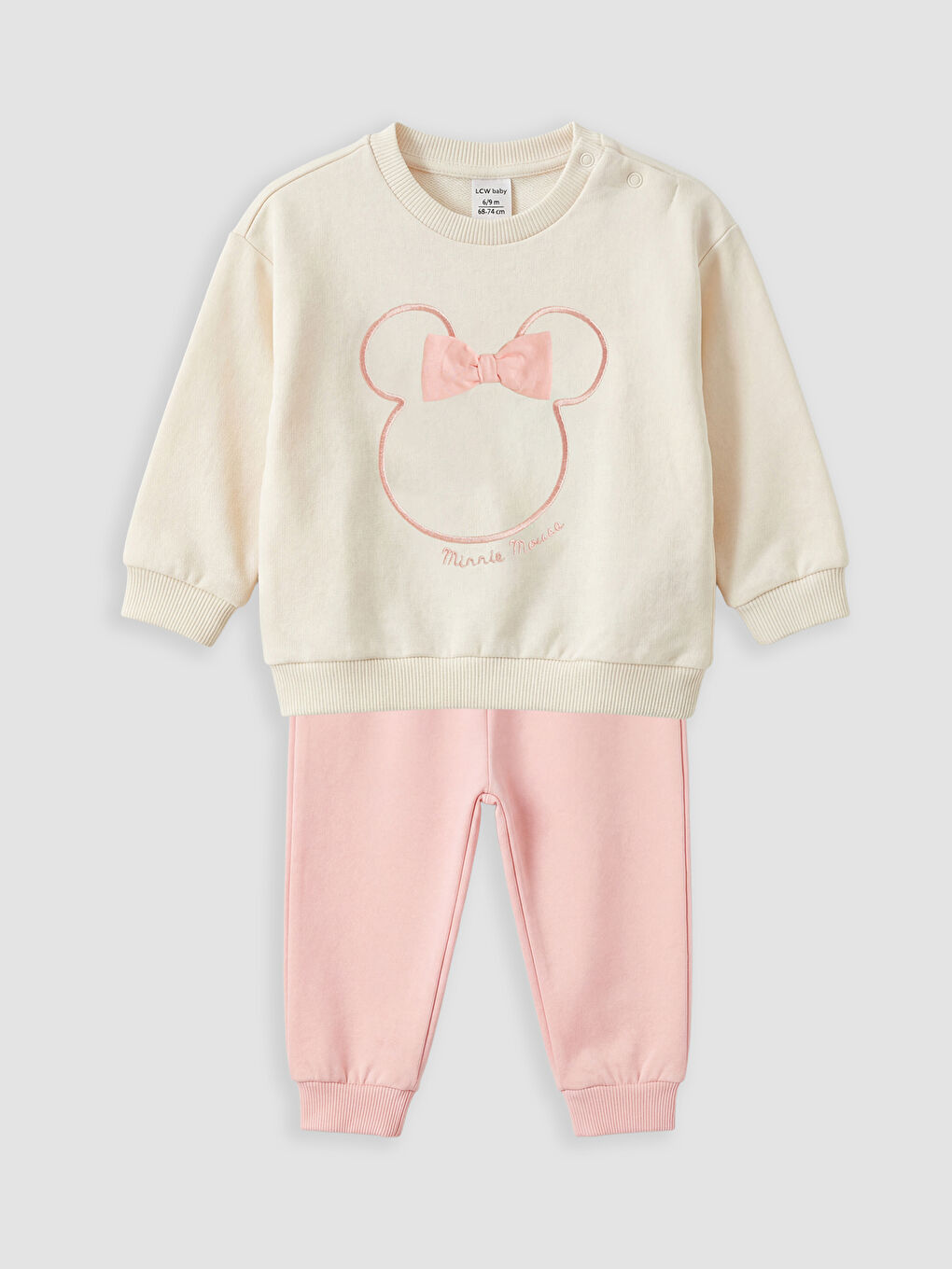 Bej Minnie Mouse Nakışlı Kız Bebek Sweatshirt ve Eşofman Altı