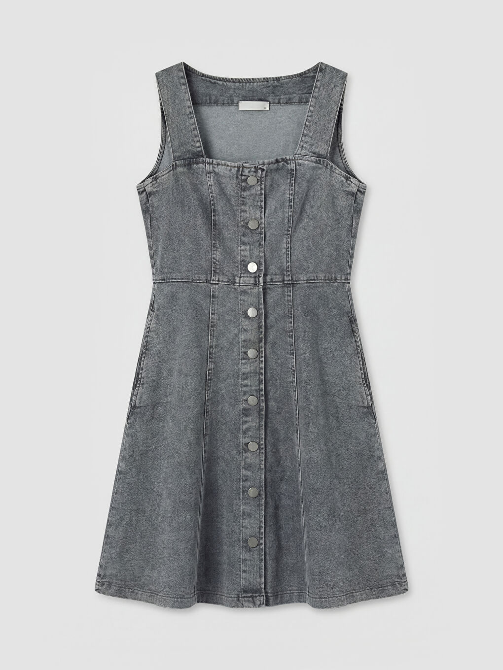 Antrasit Kare Yaka Belden Oturtmalı Mini Jean Elbise