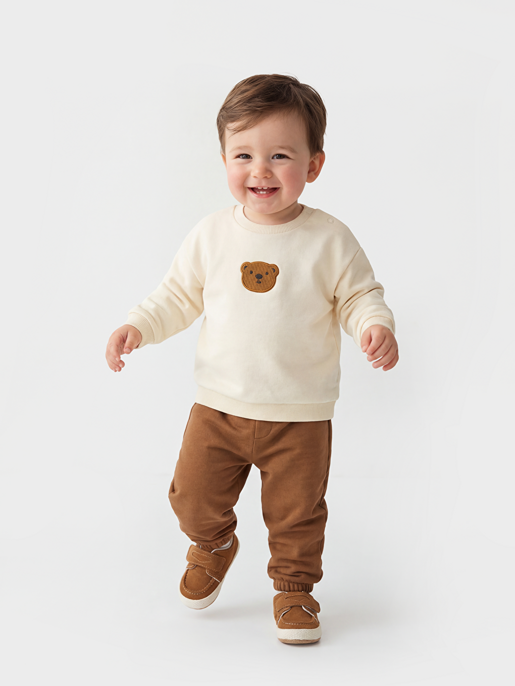 Bej Nakışlı Erkek Bebek Sweatshirt ve Eşofman Altı