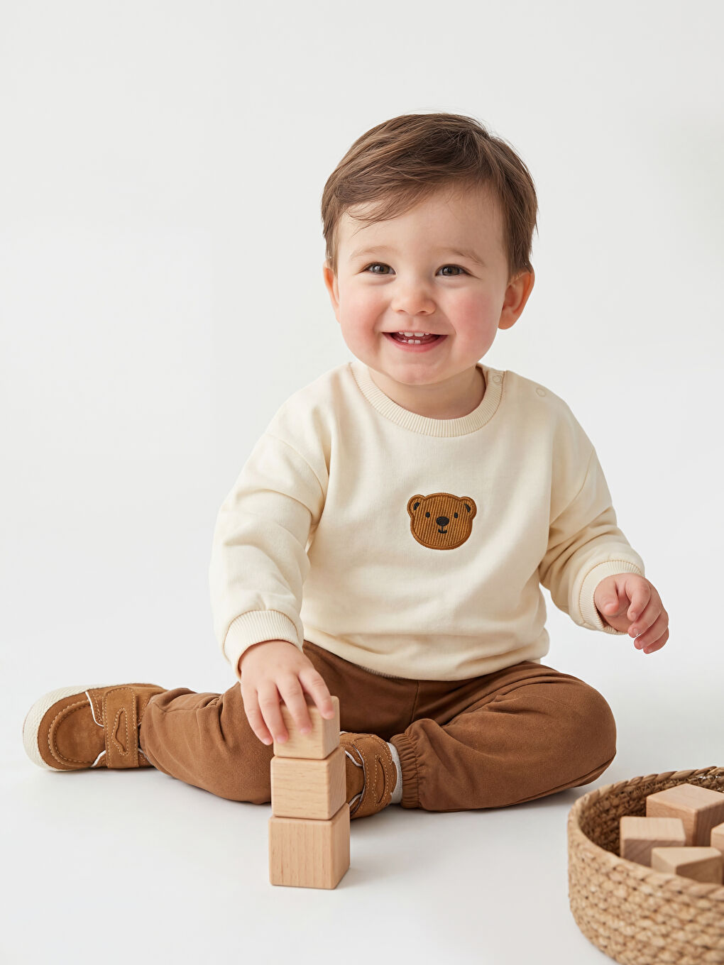 Bej Nakışlı Erkek Bebek Sweatshirt ve Eşofman Altı-1