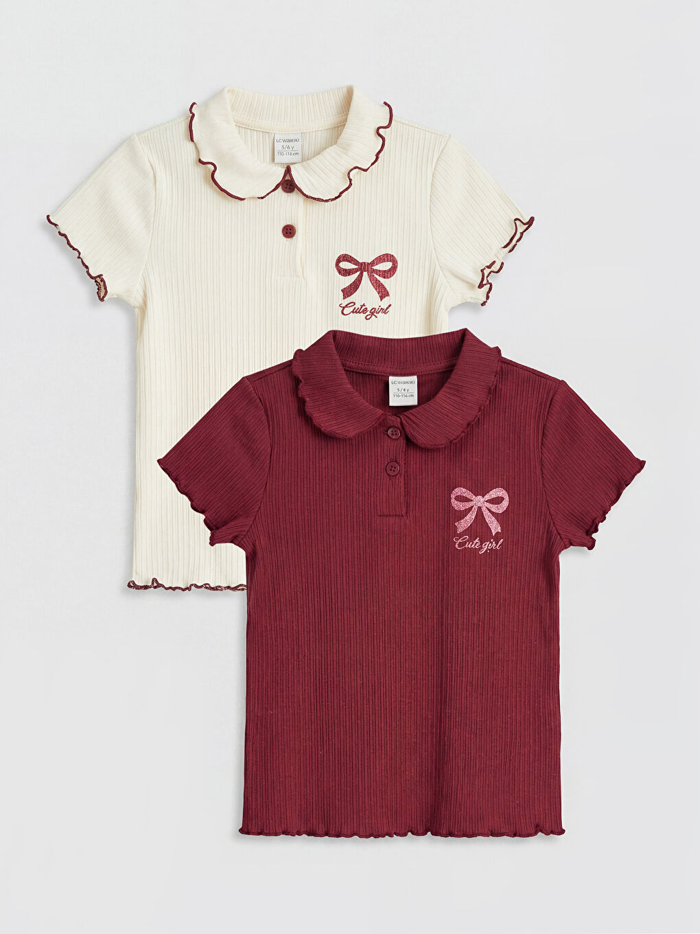 Bordo Polo Yaka Baskılı Kız Çocuk Fitilli Tişört 2'li