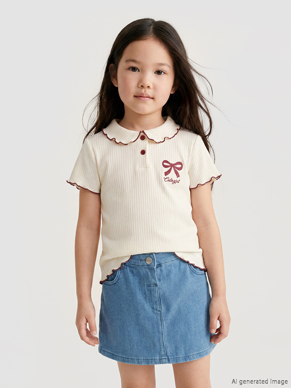 Polo Collar Printed Girls' Ribbed T-Shirt 2-Pack-1