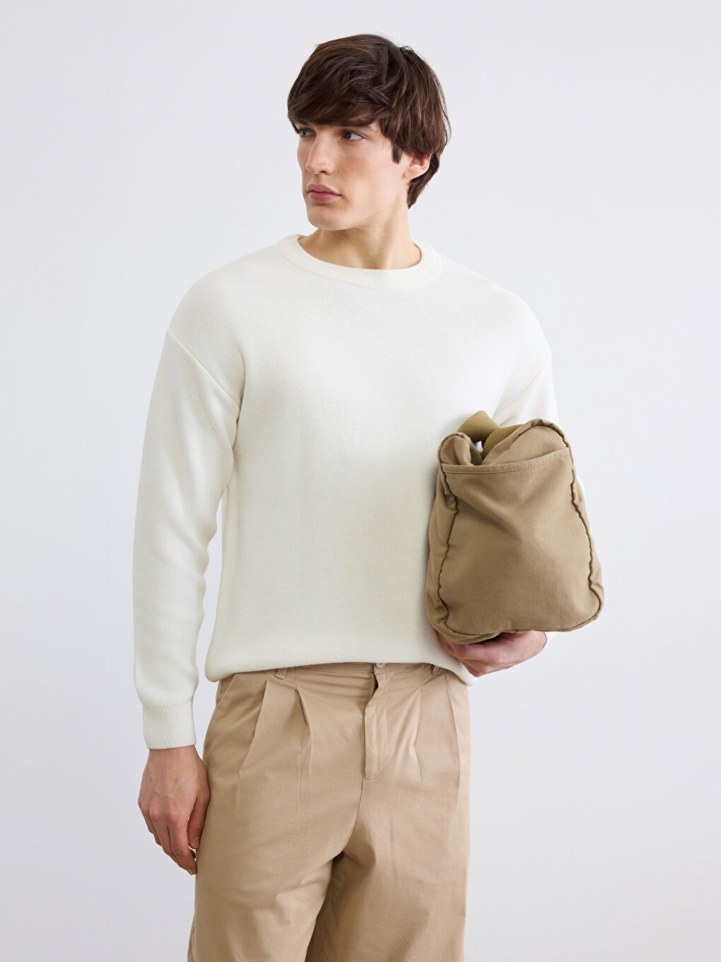 Ekru Bisiklet Yaka Erkek Triko Kazak