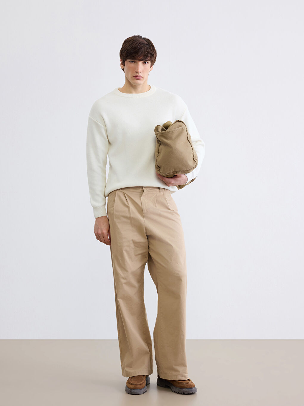 Ekru Bisiklet Yaka Erkek Triko Kazak-1