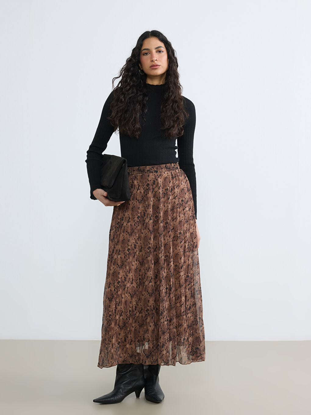 Kahverengi Beli Lastikli Desenli Pileli Etek