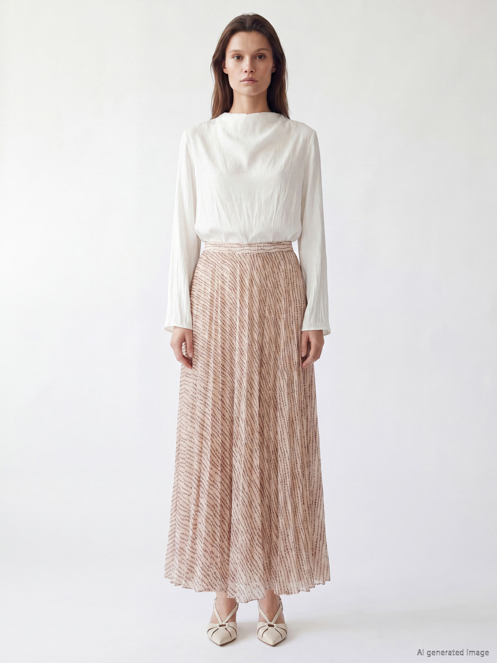 Bej Beli Lastikli Desenli Pileli Etek-1