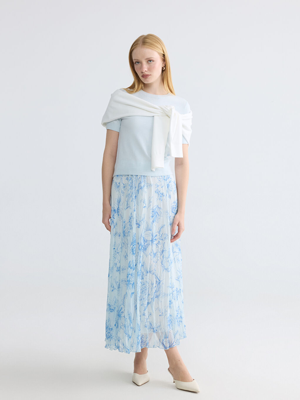 Elastic Waist Patterned Chiffon Pleated Skirt