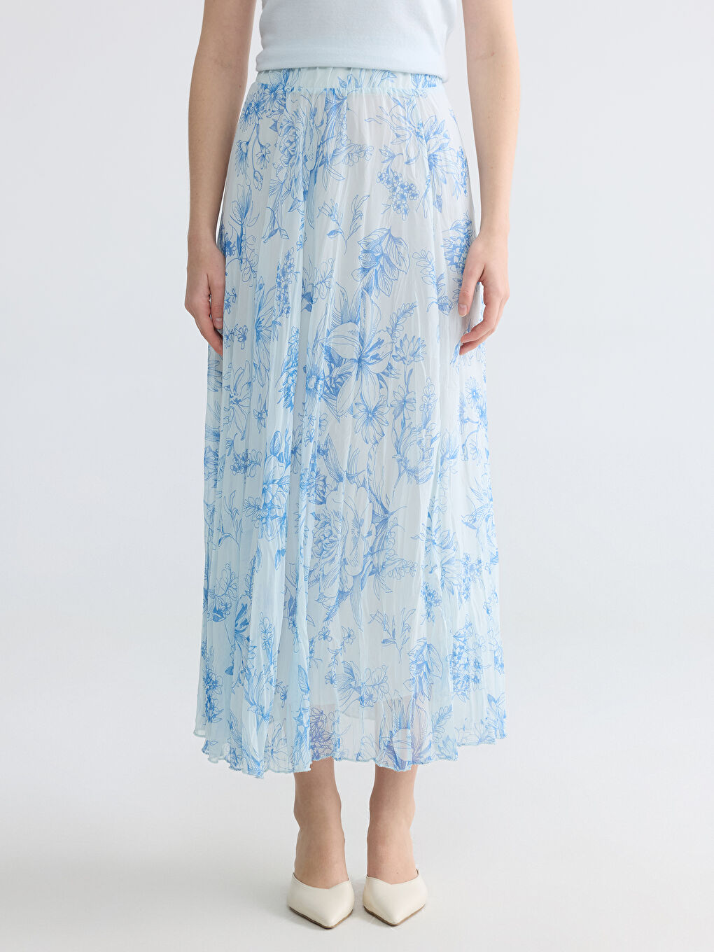 Elastic Waist Patterned Chiffon Pleated Skirt-1